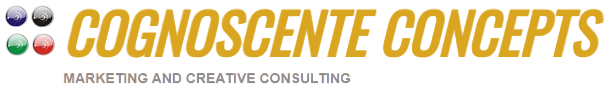 Cognoscente Concepts Marketing and Creative Consulting logo. This is horizontal image with four dots on the left side stacked on each other to form a square. The top two are black, the lower left is green, and the lower right is red. To the right of these dots, it reads, Cognoscente Concepts and below that, it says, Marketing and Creative Consulting