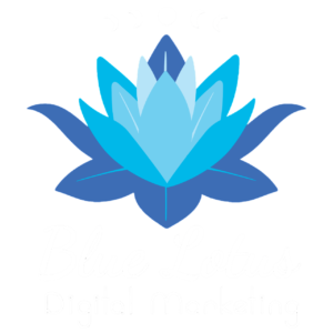 Blue Lotus Digital Marketing logo - A digital marketing agency based in Portland, Oregon, USA. This is a picture of a lotus flower in four shades of blue with the moon cycle above the lotus and below it says, Blue Lotus Digital Marketing in white.